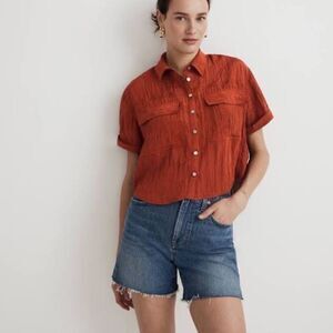 Madewell NWT Stained Mahogany Crinkle Short Sleeve‎ Crop Utility Blouse S…